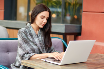 Concentrated freelancer keyboards text message in social networks, chats with friends, waits for order in cafeteria, covers herself with coverlet, installs and downloads file on digital device