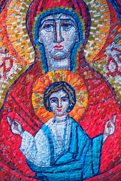 An ancient mosaic image of  Virgin Mary with Jesus Christ. Religion, Christianity, faith concept.