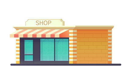 Mini market or shop store. Shop building with a glass-glazed storefront. Vector flat illustration.