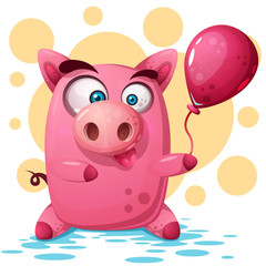 Cute pig illustration with balloon. Symbol of the year 2019. Vector eps 10