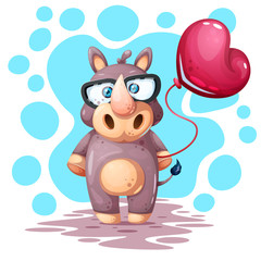 Cute, funny, pretty rhino with balloon Vector eps 10