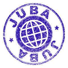 JUBA stamp print with distress texture. Blue vector rubber seal print of JUBA text with corroded texture. Seal has words placed by circle and globe symbol.