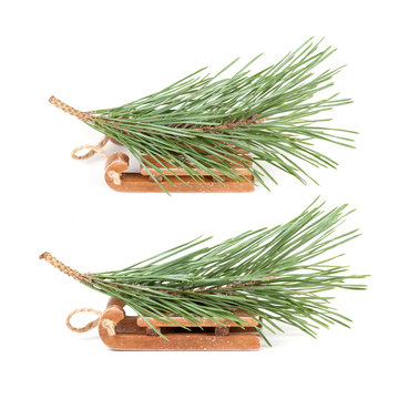 green branch lies on a sled, isolated, different angle