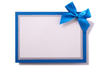 Greetings card blue bow decoration isolated white