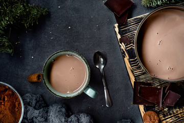 Top view of hot chocolate on dark background