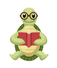 Happy cute turtle sit and read book ,with smile. Turtle with glasses. Cartoon character design. Flat vector illustration isolated on white background
