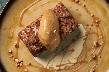 Plate with dessert , chocolate fondant lava cake with custard