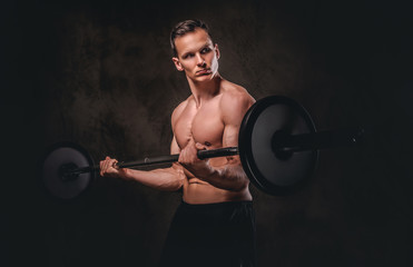 Fototapeta na wymiar Young shirtless bodybuilder holding a barbell and doing exercise on biceps. Isolated on dark background.