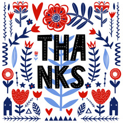Thanks - unique hand drawn poster with handdrawn lettering in scandinavian style. Vector illustration. © kollibri