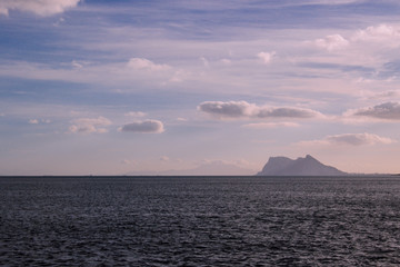 Gibraltar. View of Gibraltar, the Mediterranean Sea and the cloudy sky. Costa del Sol, Andalusia, Spain.