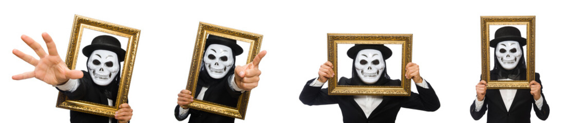 Man with scary mask isolated on white