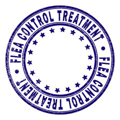 FLEA CONTROL TREATMENT stamp seal imprint with grunge texture. Designed with round shapes and stars. Blue vector rubber print of FLEA CONTROL TREATMENT tag with grunge texture.