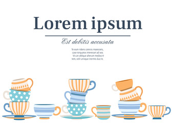 Vector collection cups with cute patterns. Tea-set cartoon style design. Stack of colorful cups. Flat vector illustration on white background. Place for text