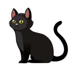Obraz premium Sitting black cat with yellow eyes. Cute home animal. Cartoon character design. Flat vector illustration isolated on white background