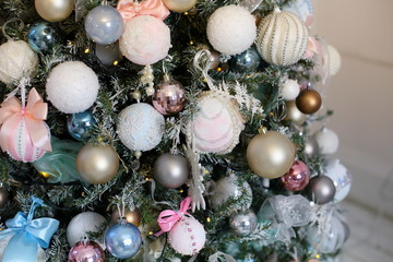 White Christmas decorations, Christmas tree, gifts, chair