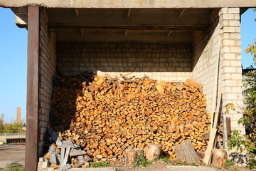 Firewood storage for heating in the factory.