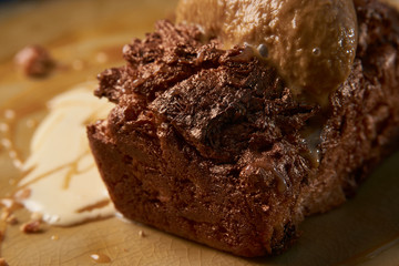 Delicious chocolate fondant lava cake with custard and pistachio