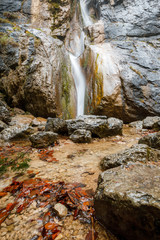 Waterfall in forest landscape long exposure flowing over rocks