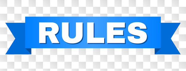 RULES text on a ribbon. Designed with white title and blue tape. Vector banner with RULES tag on a transparent background.