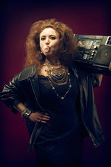 Girl with boom box and bubble gum, 1980's style