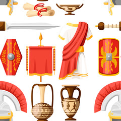 Seamless pattern. Collection of ancient Roman icons. Clothes, gladius, scutum, scrolls and ceramic tableware. Flat vector illustrator isolated on white background