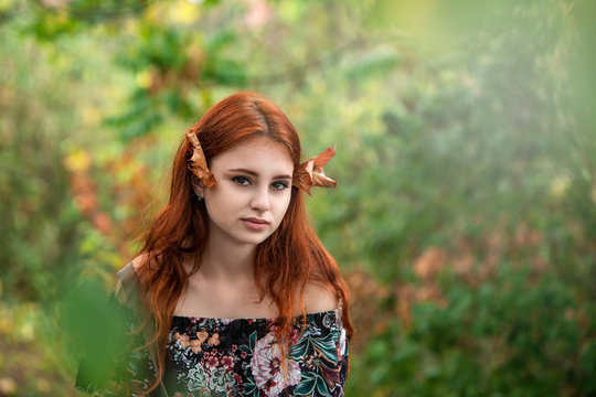 Beautiful red-haired young girl with a charming look and autumn leaves in her hair walks in nature.