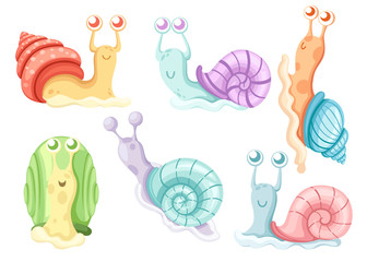Collection of different snails. Sea and forest snails. Colorful clam cartoon character design. Flat vector illustration isolated on white background