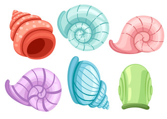 Colorful set of snails shells. Different shapes and colors. Archaeological finds. Flat vector illustration isolated on white background