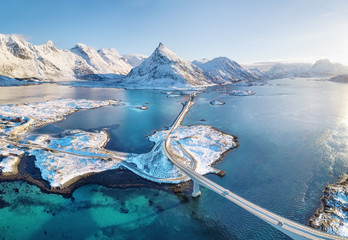 Aerial view on the Lofoten islands, Norway. Natural landscape from drone. Aerial landscape from air in the Norway - obrazy, fototapety, plakaty