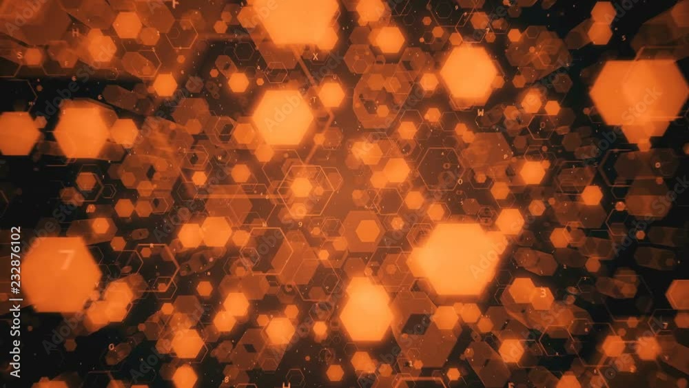 Poster flying among abstract technological glowing hexagons and hexadecimal code. seamless loop animation. 