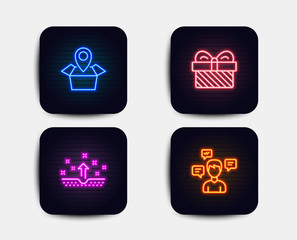 Neon set of Clean skin, Gift and Package location icons. Conversation messages sign. Cosmetics, Present, Delivery tracking. Communication. Neon gift icons. Glowing light banners. Vector