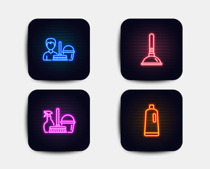 Neon set of Household service, Plunger and Cleaning service icons. Shampoo sign. Cleaning equipment, Clogged pipes cleaner, Bucket with mop. Bath cleanser. Neon icons. Vector