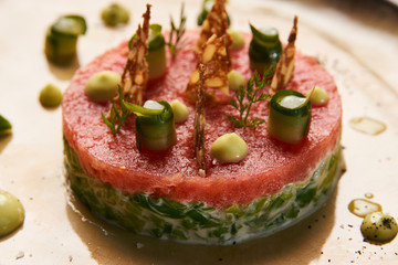 Beef tartare Steak with egg yolk, pistachios, truffle oil