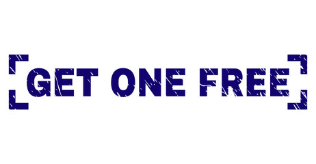 GET ONE FREE text seal imprint with grunge texture. Text label is placed inside corners. Blue vector rubber print of GET ONE FREE with scratched texture.