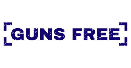 GUNS FREE label seal print with distress texture. Text caption is placed inside corners. Blue vector rubber print of GUNS FREE with corroded texture.