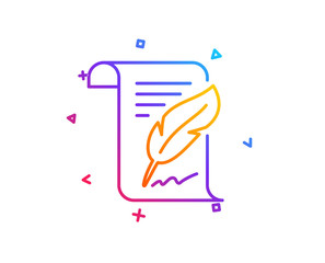 Feather signature line icon. Copywriting sign. Feedback symbol. Gradient line button. Feather icon design. Colorful geometric shapes. Vector