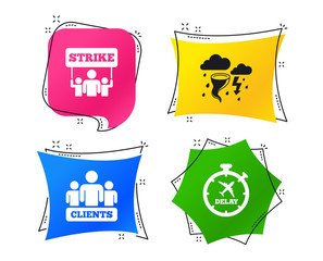 Strike icon. Storm bad weather and group of people signs. Delayed flight symbol. Geometric colorful tags. Banners with flat icons. Trendy design. Vector