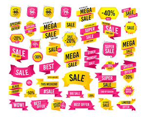 Sale banner. Super mega discounts. Sale discount icons. Special offer stamp price signs. 40, 50, 60 and 70 percent off reduction symbols. Black friday discount. Cyber monday. Vector