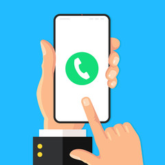 Phone call. Call button on smartphone screen. Hand holding mobile phone, finger touching screen. Modern flat design. Vector illustration