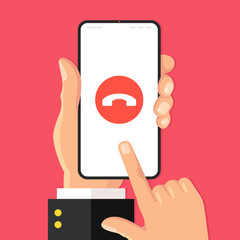 Decline phone call. Decline call button on smartphone screen. Hand holding mobile phone, finger touching screen. Modern flat design. Vector illustration - obrazy, fototapety, plakaty