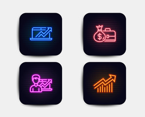 Neon set of Success business, Salary and Sales diagram icons. Demand curve sign. Growth chart, Diplomat with money bag, Sale growth chart. Statistical report. Neon sales icons. Vector