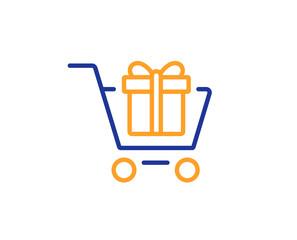 Shopping cart with Gift box line icon. Present or Sale sign. Birthday Shopping symbol. Package in Gift Wrap. Colorful outline concept. Blue and orange thin line color icon. Shopping cart Vector