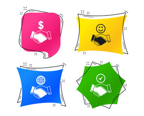 Handshake icons. World, Smile happy face and house building symbol. Dollar cash money. Amicable agreement. Geometric colorful tags. Banners with flat icons. Trendy design. Vector