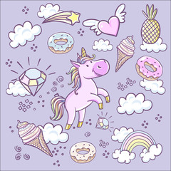 Fashion patch badges with, donuts rainbow, confetti and other elements.Vector background with stickers, pins