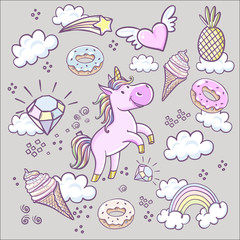 Fashion patch badges with, donuts rainbow, confetti and other elements.Vector background with stickers, pins