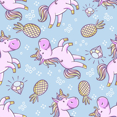 Seamless pattern with unicorns, donut rainbow, confetti, diamond and other elements. Vector background with labels, pins
