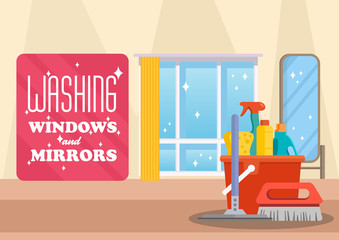 Washing Windows and Mirrors. Vector Illustration.