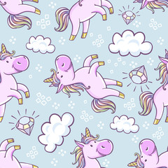 Seamless pattern with unicorns, donut rainbow, confetti, diamond and other elements. Vector background with labels, pins