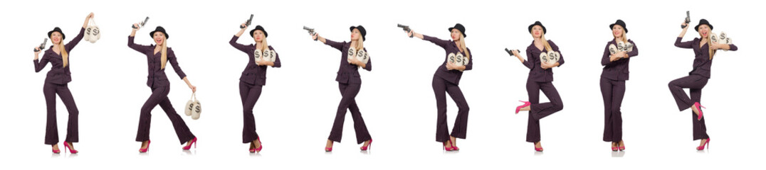 Fototapeta na wymiar Woman gangster with gun in vintage concept