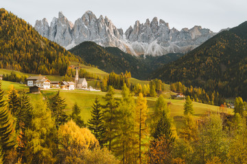 Val di Funes in the Dolomites at sunset, South Tyrol. Italy